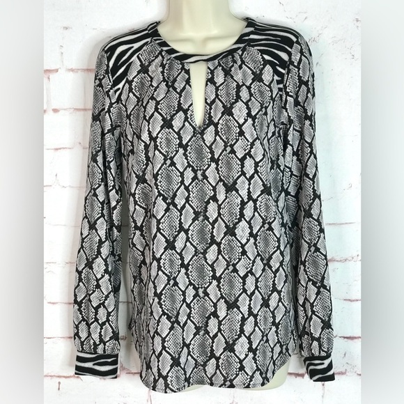 MICHAEL Michael Kors XS Snake Print Keyhole Neck Black & Gray Long Sleeve Blouse - Picture 1 of 14